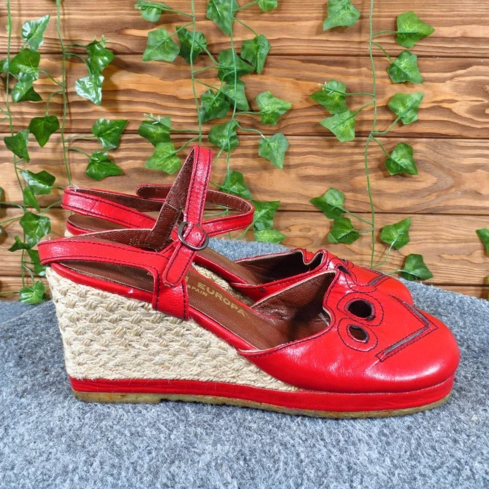 Collection‎ Europa Womens Wedge Espadrille Sandals Sz 7 Narrow Red Leather Spain